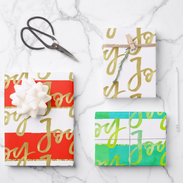 Christmas Joy Red Green White Gold Streifen Geschenkpapier Set (Vorderseite)