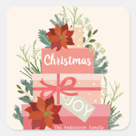 Christmas Joy Red Poinsettias personalisieren Quadratischer Aufkleber