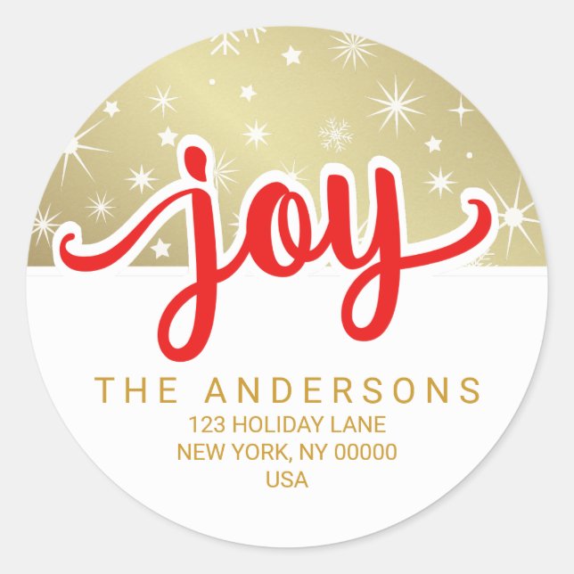 Christmas Joy Red und Gold Handgeschriebene Adress Runder Aufkleber (Vorderseite)