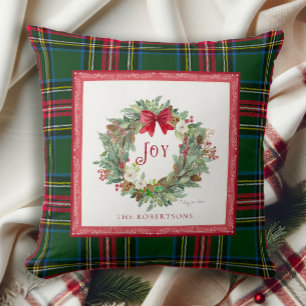 Christmas Joy Wreath Bow Watercolor Tartan Kariert Kissen