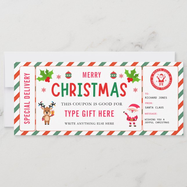 Christmas Kids Coupon Certificate Rudolph Santa Einladung (Vorderseite)