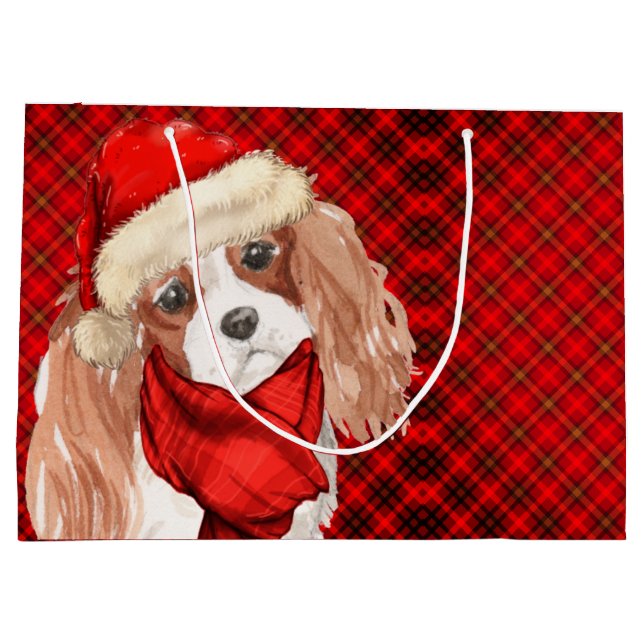 Christmas King Charles Terrier Dog und Red Kariert Große Geschenktüte (Rückseite)