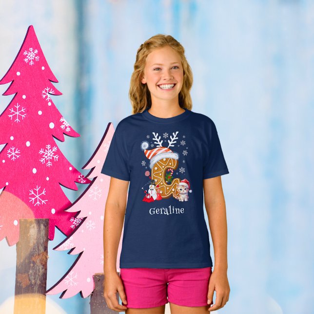 Christmas Kitten Gingerbrett Name Letter G Girl T-Shirt (Von Creator hochgeladen)