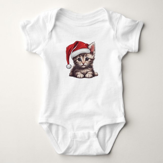 Christmas Kitten mit Weihnachtsmannmütze, Holiday  Baby Strampler (Vorderseite)