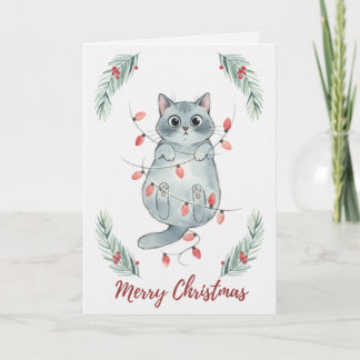 Christmas Kitten Tangled in Lights Card Karte