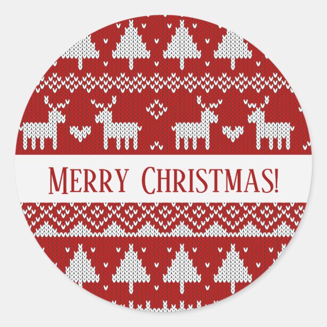 Christmas Knitted Sweater Red and White Ornaments  Runder Aufkleber (Vorderseite)