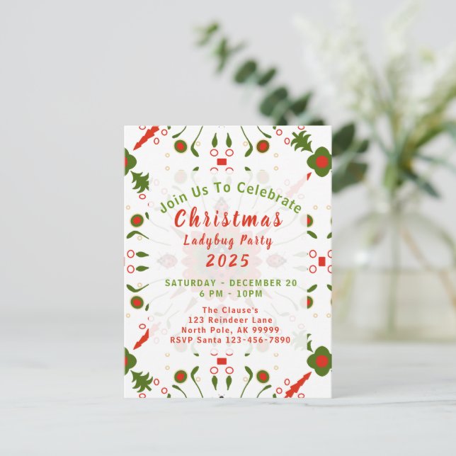 Christmas Ladybug Party Red White Green Postkarte (Stehend Vorderseite)
