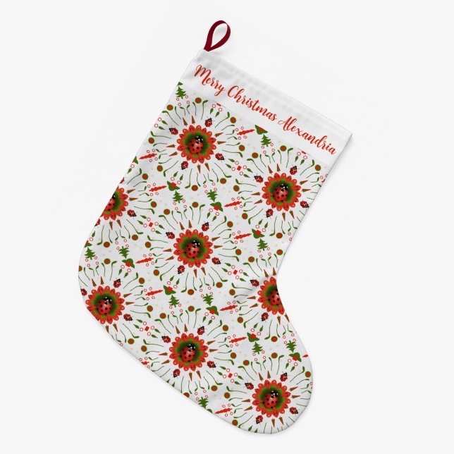 Christmas Ladybug Red, Green, and White Name Großer Weihnachtsstrumpf (Vorderansicht (hängend))