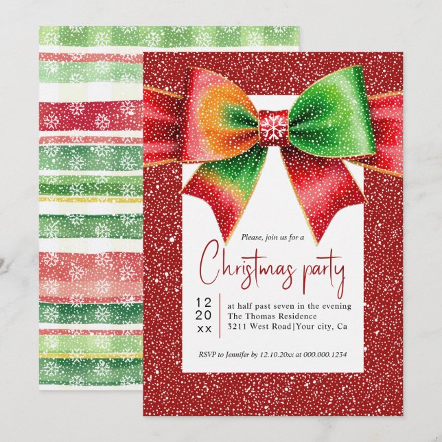 Christmas large red and green bow holiday party einladung (Vorne/Hinten)