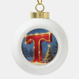Christmas Letter T Ornament | Red Gold Monogram