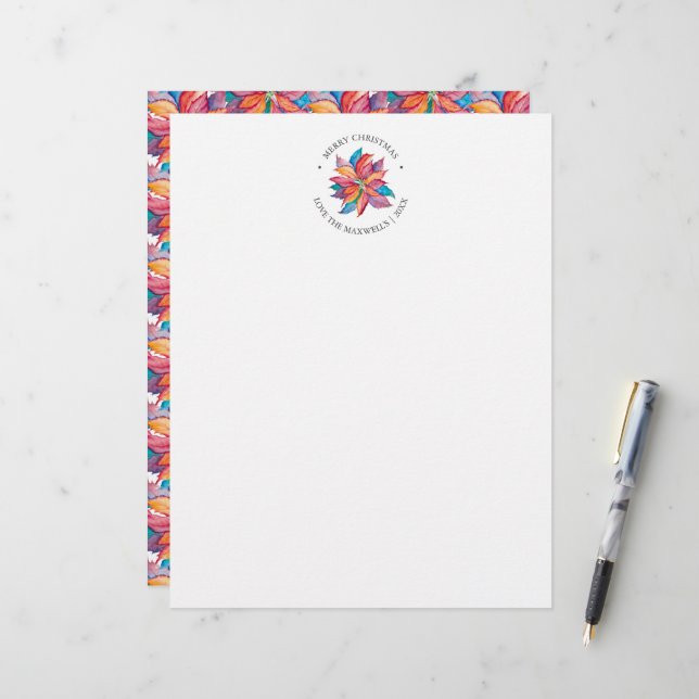 Christmas Letterhead Unique Watercolor Poinsettia Briefbogen (Vorderseite/Rückseite Beispiel)