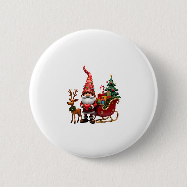Christmas Light Gnome Santa Claus Riding Sleigh Hi Button (Vorderseite)