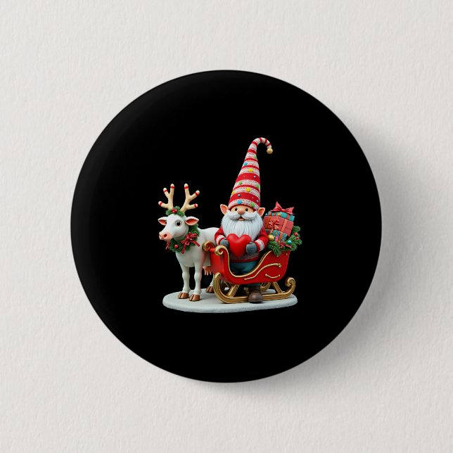 Christmas Light Gnome Santa Claus Riding Sleigh Hi Button (Vorderseite)