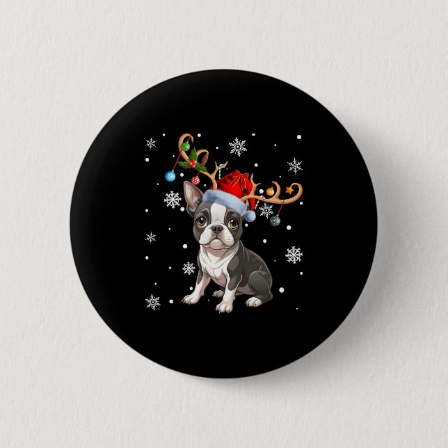 Christmas Light Reindeer Santa Hat Boston Terrier  Button (Vorderseite)