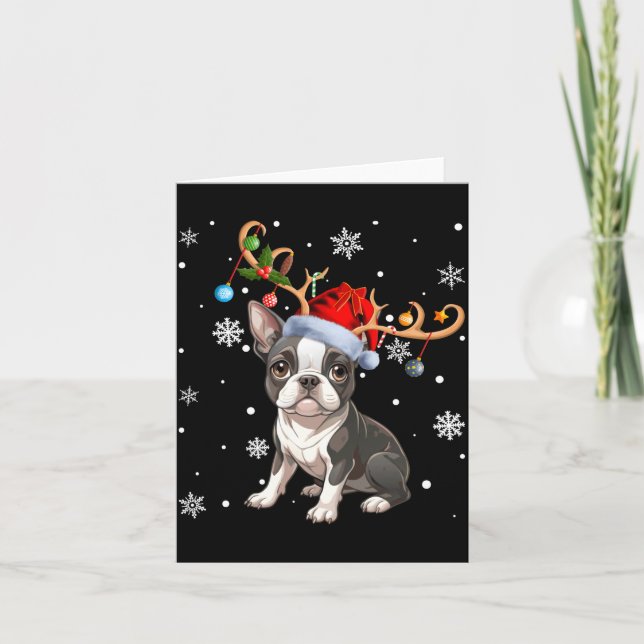 Christmas Light Reindeer Santa Hat Boston Terrier  Karte (Vorderseite)