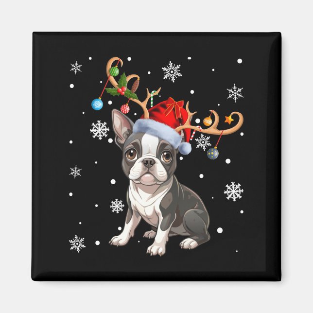 Christmas Light Reindeer Santa Hat Boston Terrier  Magnet (Vorne)