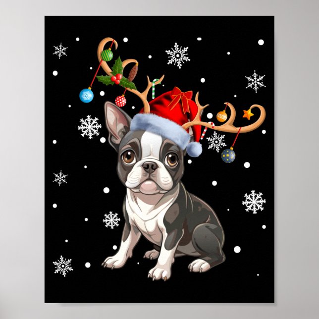 Christmas Light Reindeer Santa Hat Boston Terrier  Poster (Vorne)