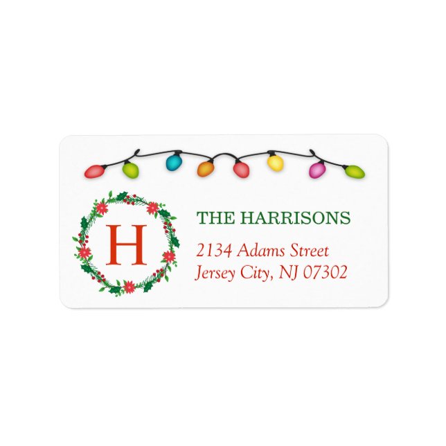 Christmas Lights Floral Wreath Family Monogram Adressaufkleber (Vorne)
