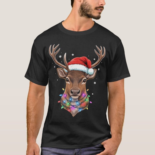 Christmas Lights Reindeer Santa Hat Cute Xmas Paja T-Shirt (Vorderseite)