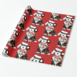 Christmas Lights Sheepadoodle Red Geschenkpapier<br><div class="desc">Niedlicher Cartoon Schwarz & Weiß Sheepadoodle Welpe mit Weihnachtsmannmütze,  rot-weiß gestreiften Schal,  verpackt in Weihnachtsbeleuchtung. Adorable Schafaddel rotes Urlaubspapier!</div>