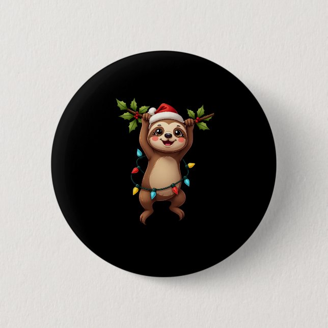 Christmas Lights Sloth Tragend Xmas Hat - Sloth Lo Button (Vorderseite)
