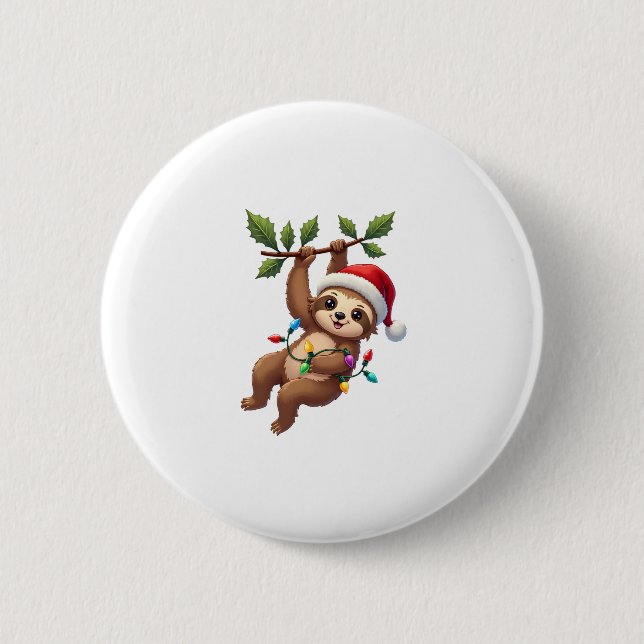 Christmas Lights Sloth Tragend Xmas Hat - Sloth Lo Button (Vorderseite)