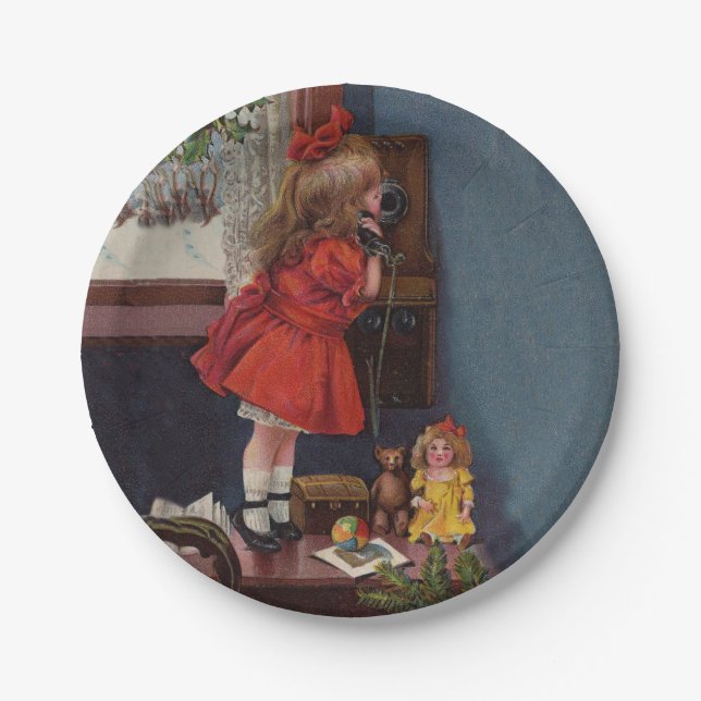 Christmas Little Girl Telefone Antique Pappteller (Vorderseite)