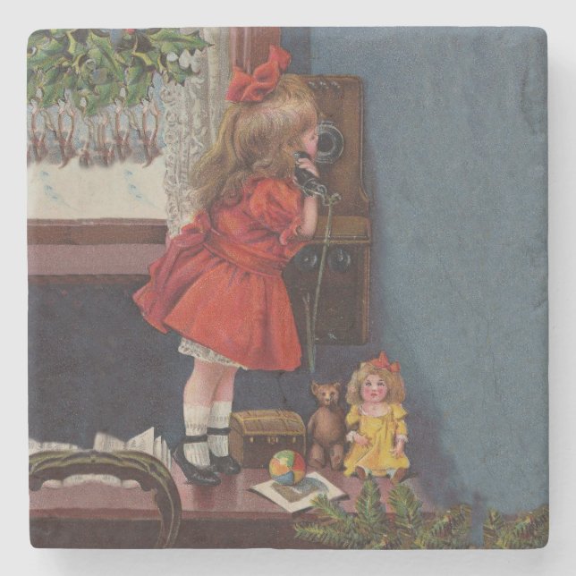 Christmas Little Girl Telefone Antique Steinuntersetzer (Vorderseite)