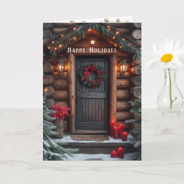 Christmas Log Cabin Pine Trees Red Poinsettia  Karte (Kleine Pflanze)