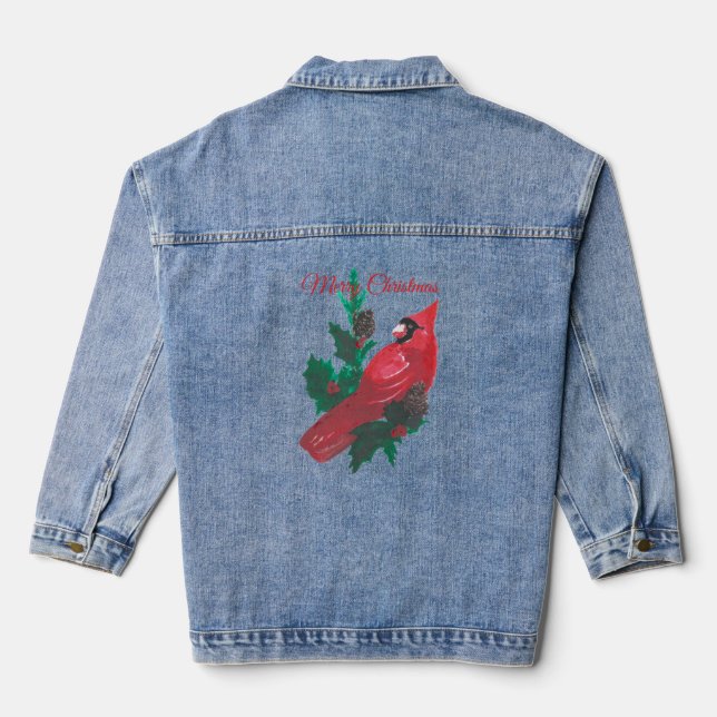 Christmas Long Sleeve Red Cardinal Holly Denim  Jeansjacke (Rückseite)