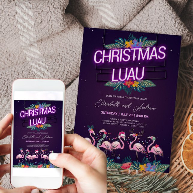 Christmas Luau Neon Flamingo Einladungskarte (Christmas Luau Neon Flamingo Invitation)