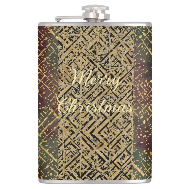 Christmas, Luxury Pattern, Red Gold Green Black Flachmann (Vorderseite)