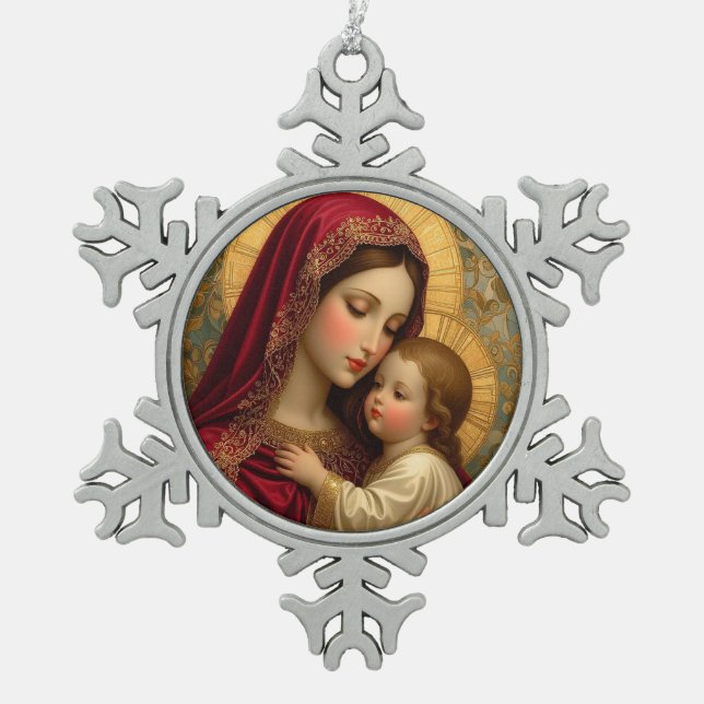 Christmas Madonna and Child Schneeflocken Zinn-Ornament (Vorderseite)
