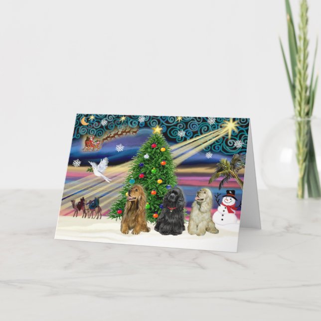 Christmas Magic Cocker-Spaniels (drei) Feiertagskarte (Vorderseite)