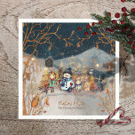Christmas Magic Snowman Blue Paper Napkin Serviette<br><div class="desc">Schöner Weihnachtsschneeberg und dunkelblauer Himmel auf Party Papierserviette mit süße Figuren und Goldelementen. Die Dekoration an den Tischen ist großartig. Die Eichhörnchen,  Snowman,  ein Mädchen und ein Baby,  ein Fuchs,  Mäuse,  eine Eule,  Raben und ein kleiner Vogel werden den richtigen Weihnachtsgeist hervorbringen.</div>