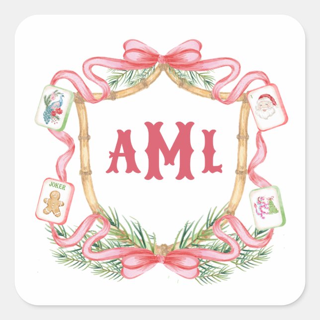Christmas Mahjong | Monogram Quadratischer Aufkleber (Vorderseite)