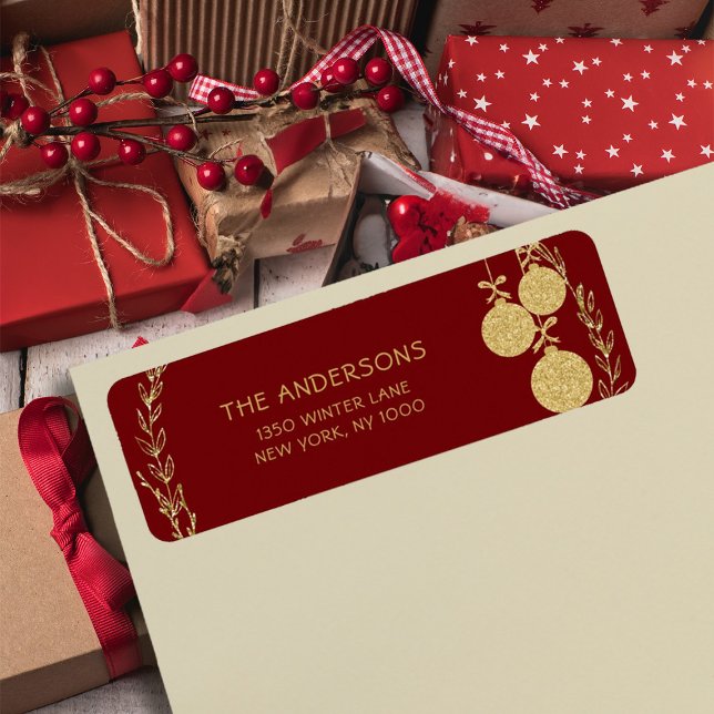 Christmas Maroon Gold Glitzer Rücksendeadresse (Christmas Maroon Gold Glitter Return Address Label)