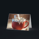 Christmas Marshmallow Snowman Feiertagskarte<br><div class="desc">Ein fröhlicher Marshmallow-Schneemann entspannt sich in einer dampfenden Tasse heißer Schokolade,  umgeben von Sahne und Mini-Marshmallows</div>
