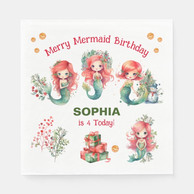 Christmas Mermaid Birthday Napkins Serviette (Vorderseite)