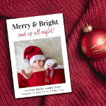 Christmas Merry Bright 4 Foto Holiday Birth Ankündigung<br><div class="desc">Weihnachtsgeburtsankündigung mit dem Foto Ihres Neugeborenen "Merry & Bright and up all night!",  geschrieben in einer Mischung aus eleganter Typografie und einem stilvollen roten Drehbuch,  dem Namen Ihres Babys und den Geburtsstatistiken. Auf der Rückseite fügen Sie drei zusätzliche Fotos und eine personalisierte saisonale Nachricht.</div>