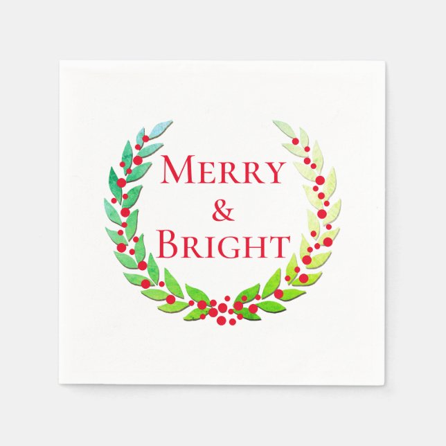 Christmas Merry & Bright Laurel Wreath Red Berries Serviette (Vorderseite)