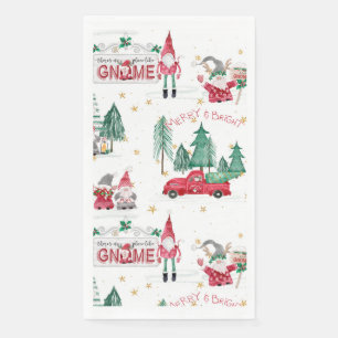 Christmas Merry Bright Red Gnomes Forest Gold Star Serviette