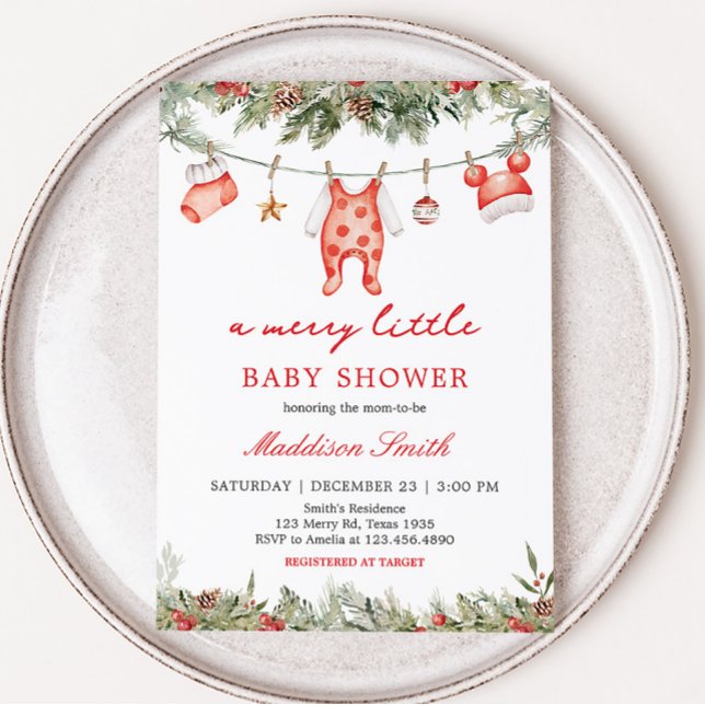 Christmas Merry Little Baby Dusche Einladung (Christmas Clothes Baby Shower Invitation)