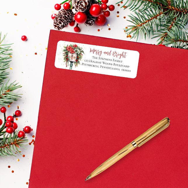 Christmas Merry und Bright Mailbox Floral Monogram (Elegant Christmas "Merry and Bright" Mailbox Poinsettia Floral Return Address Label)