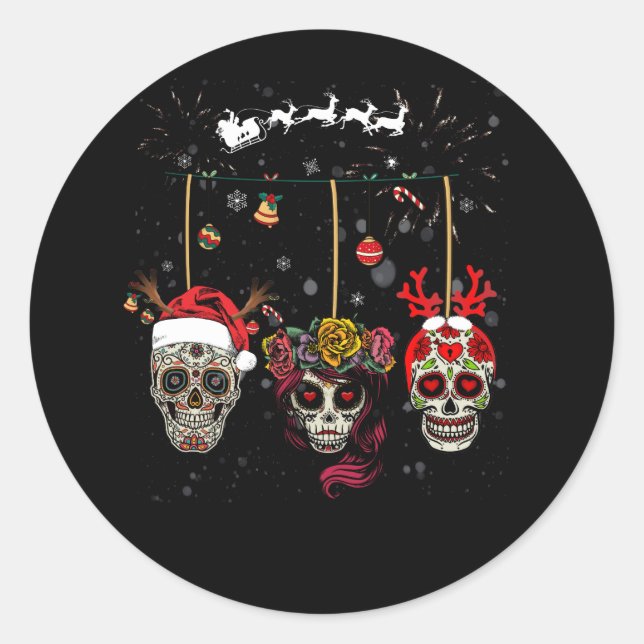 Christmas Mexican Flower Sugar Skull In Snow Xmas Runder Aufkleber (Vorderseite)