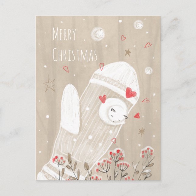 Christmas Mitten Snow Kitten Moderne Zeichnend Postkarte (Vorderseite)