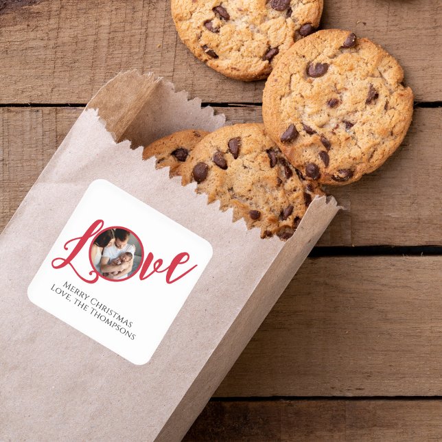 Christmas Modern Photo Calligraphy Simple Cute Quadratischer Aufkleber (Christmas love typography script photo gift sticker. )