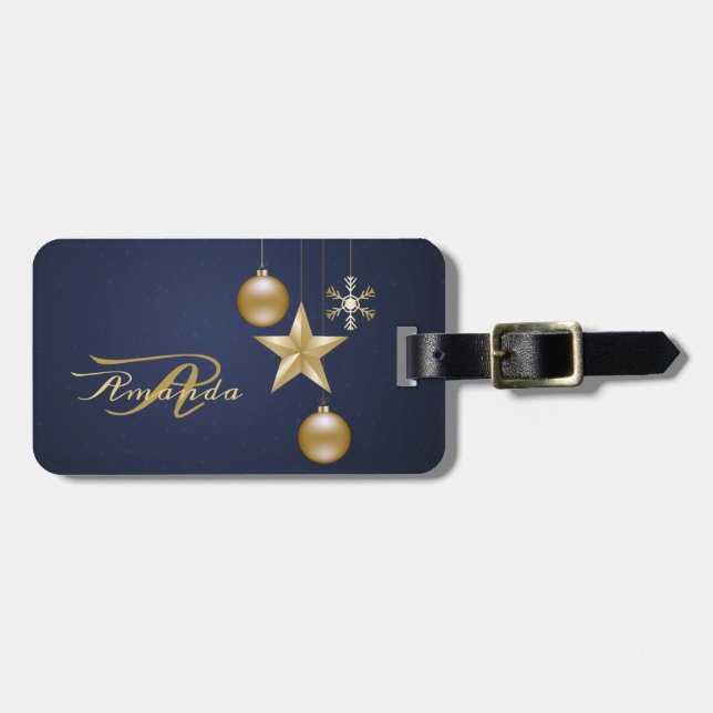 Christmas Monogram Golden Ornaments Navy Blue Gepäckanhänger (Vorderseite horizontal)