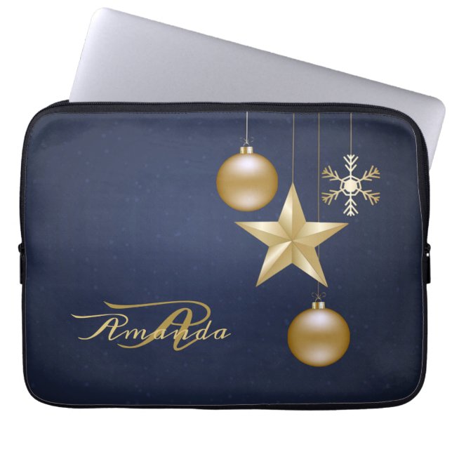 Christmas Monogram Golden Ornaments Navy Blue Laptopschutzhülle (Vorderseite)