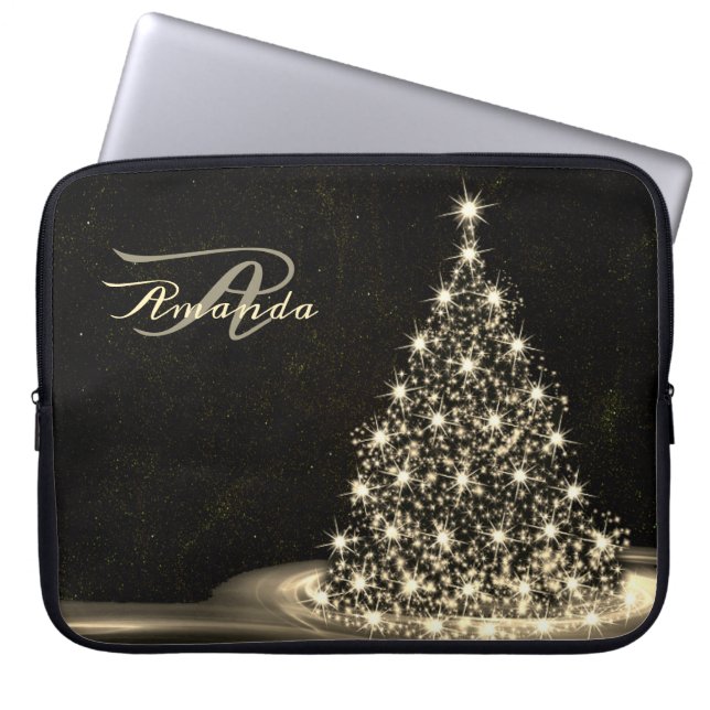 Christmas Monogram Golden Shiny Tree Winter Black Laptopschutzhülle (Vorderseite)